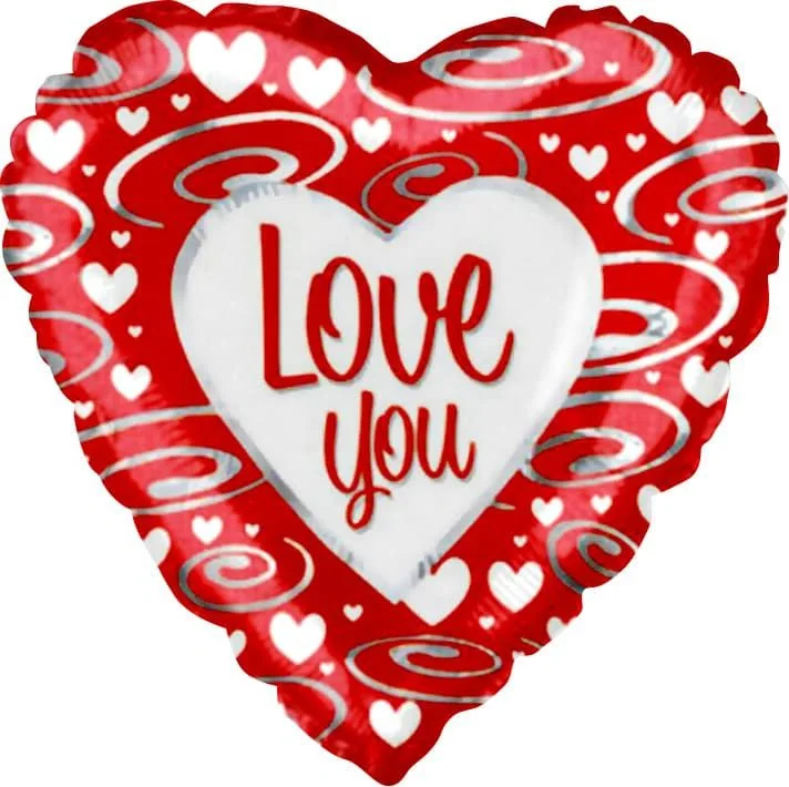 Шар Сердце, Love you (серебрянные завитки), Красный