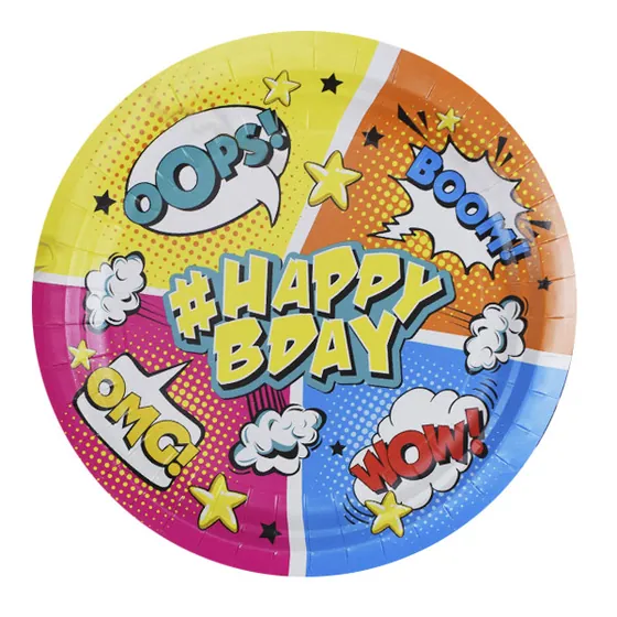 Тарелки бумажные Комиксы #HappyBday 23см